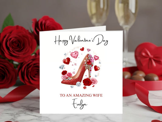 Personalised Valentine’s Day Card for Wife - Romantic Greeting Card with Red Heel, Hearts & Roses