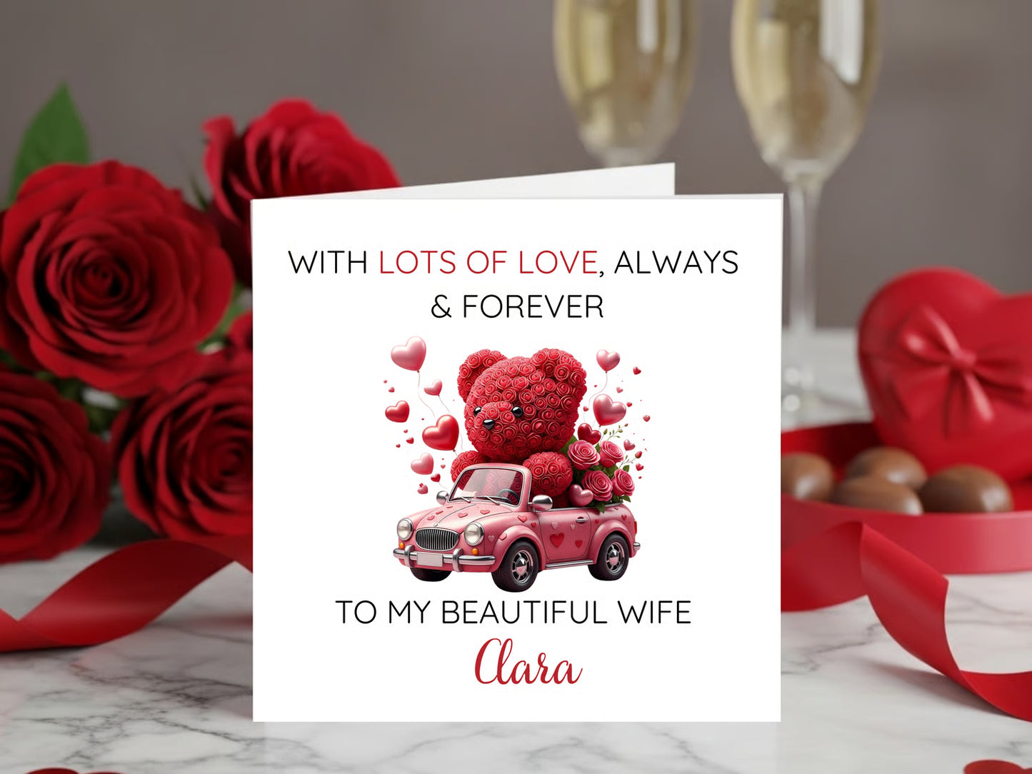 Personalised Valentine’s Day Card for Wife - Custom Name - Romantic Love Card Featuring Teddy Bear in Car - Anniversary - Valentine Gift for Her from Husband