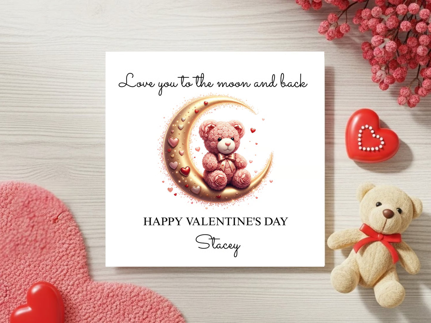 Personalised Valentine’s Day Card - Custom Name - Love You to the Moon and Back Teddy Bear Design - Romantic Valentine Gift for Her Him