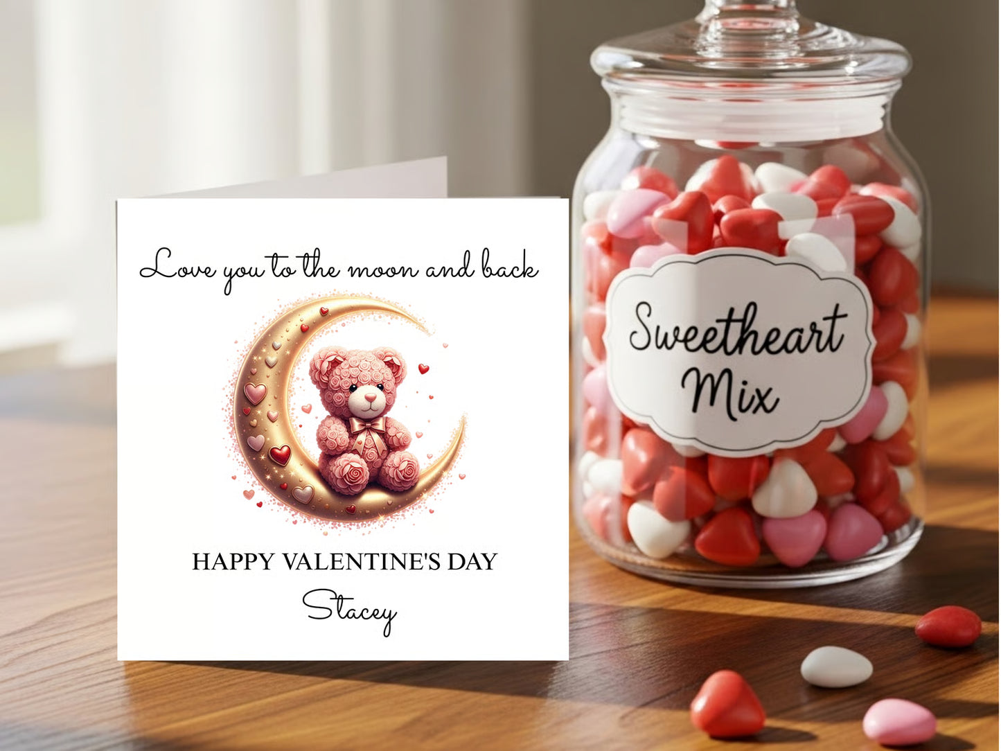 Personalised Valentine’s Day Card - Custom Name - Love You to the Moon and Back Teddy Bear Design - Romantic Valentine Gift for Her Him
