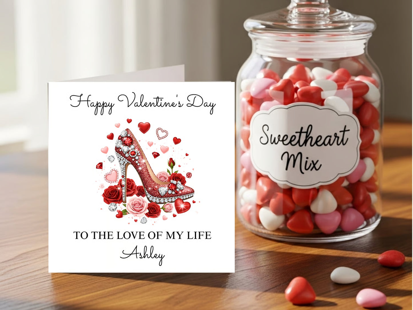 Personalised Valentine’s Day Card for Her - Custom name - Elegant Red High Heel and Roses Design - Romantic Valentine Gift for Wife Girlfriend