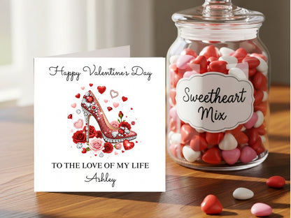 Personalised Valentine’s Day Card for Her - Custom name - Elegant Red High Heel and Roses Design - Romantic Valentine Gift for Wife Girlfriend