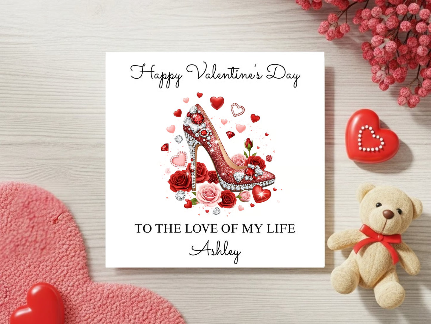 Personalised Valentine’s Day Card for Her - Custom name - Elegant Red High Heel and Roses Design - Romantic Valentine Gift for Wife Girlfriend