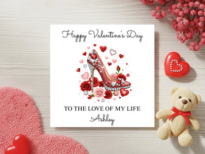 Personalised Valentine’s Day Card for Her - Custom name - Elegant Red High Heel and Roses Design - Romantic Valentine Gift for Wife Girlfriend
