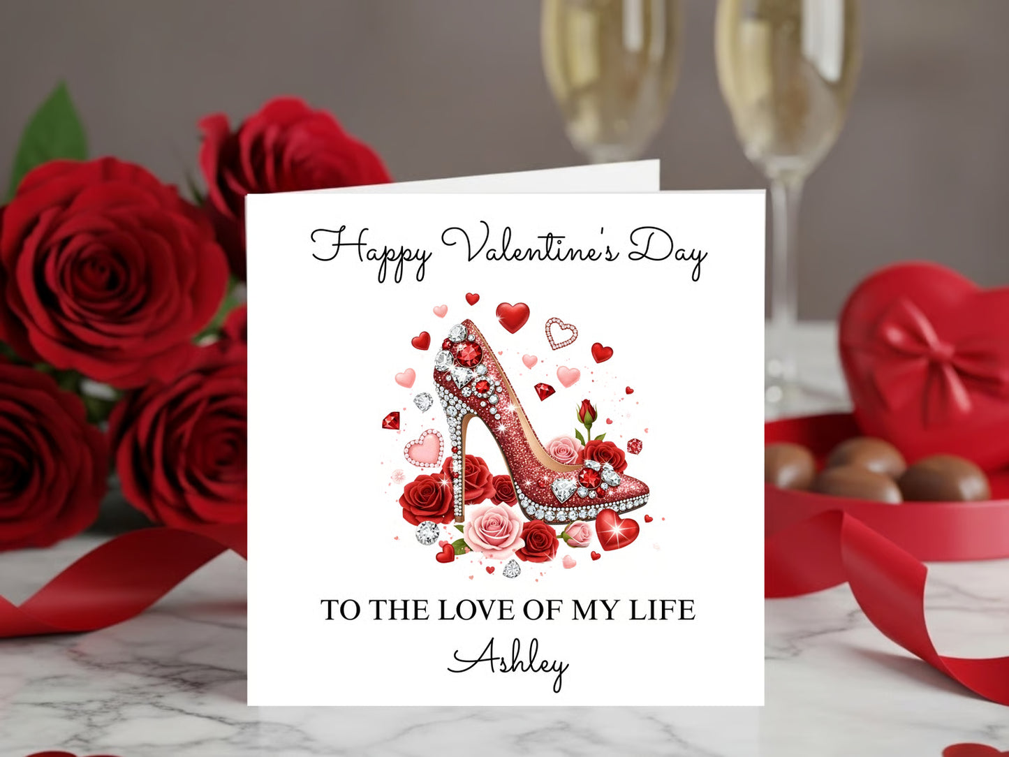 Personalised Valentine’s Day Card for Her - Custom name - Elegant Red High Heel and Roses Design - Romantic Valentine Gift for Wife Girlfriend