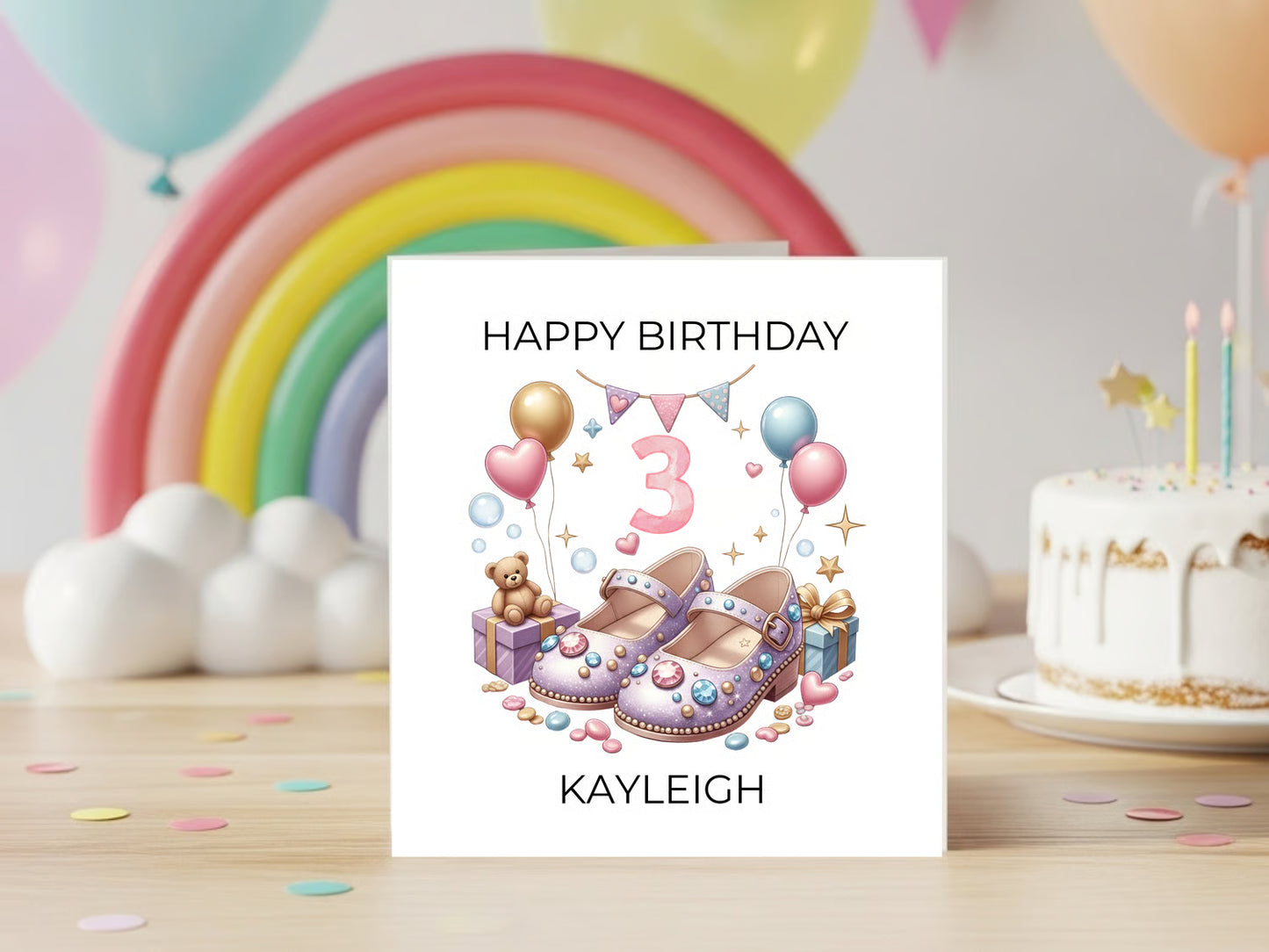 Personalised 3rd Birthday Greeting Card for Girl - Cute Shoes Illustration - Custom Name - Pink Pastel Balloons - Toddler Birthday Card