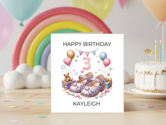Personalised 3rd Birthday Greeting Card for Girl - Cute Shoes Illustration - Custom Name - Pink Pastel Balloons - Toddler Birthday Card