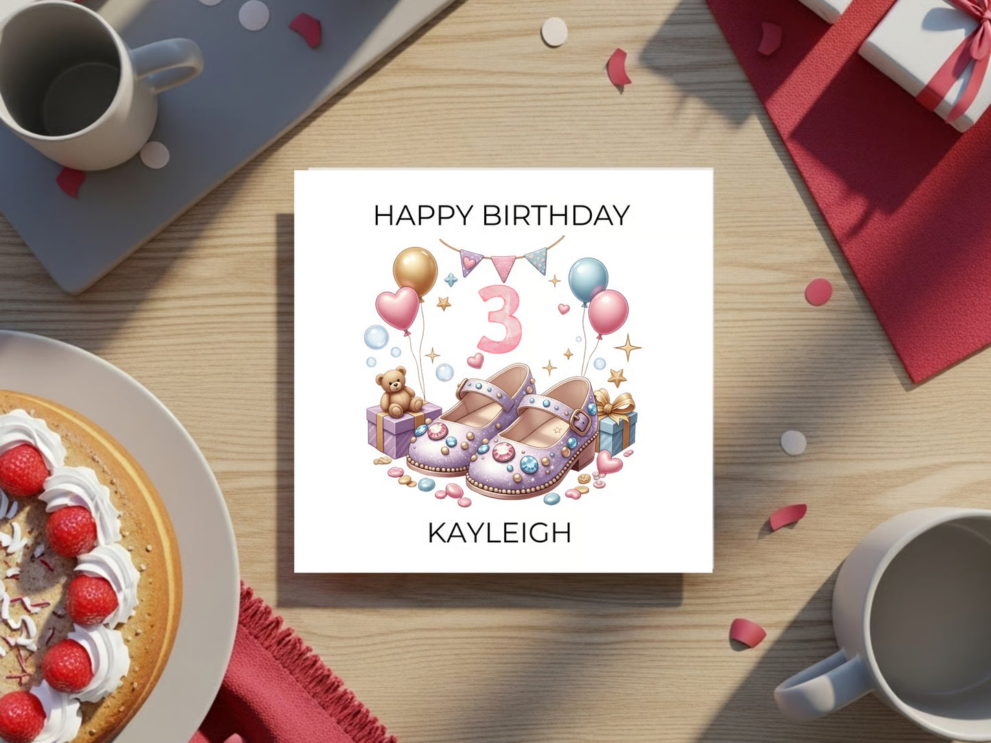 Personalised 3rd Birthday Greeting Card for Girl - Cute Shoes Illustration - Custom Name - Pink Pastel Balloons - Toddler Birthday Card