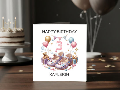 Personalised 3rd Birthday Greeting Card for Girl - Cute Shoes Illustration - Custom Name - Pink Pastel Balloons - Toddler Birthday Card