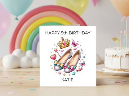 Personalised 5th Birthday Greeting Card for Girl - Princess Shoes Illustration - Custom Name - Cute Crown Design - Magical Pink Birthday Card