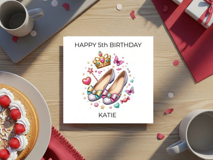 Personalised 5th Birthday Greeting Card for Girl - Princess Shoes Illustration - Custom Name - Cute Crown Design - Magical Pink Birthday Card
