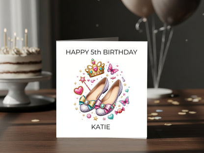 Personalised 5th Birthday Greeting Card for Girl - Princess Shoes Illustration - Custom Name - Cute Crown Design - Magical Pink Birthday Card