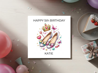 Personalised 5th Birthday Greeting Card for Girl - Princess Shoes Illustration - Custom Name - Cute Crown Design - Magical Pink Birthday Card