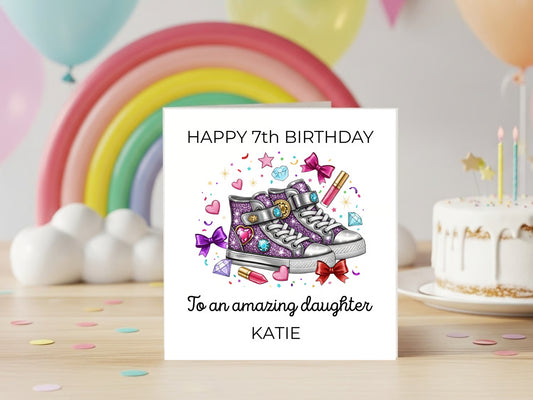 Personalised Birthday Card for Daughter - Cool Glitter Sneakers Design - Custom Name - Trendy Girl Birthday Greeting Card