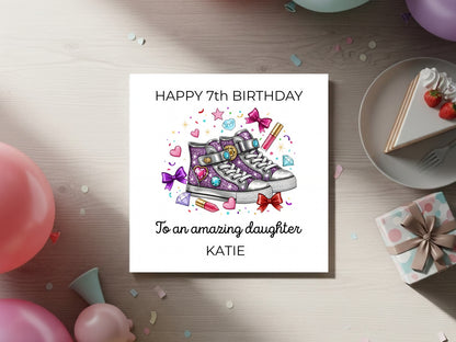 Personalised Birthday Card for Daughter - Cool Glitter Sneakers Design - Custom Name - Trendy Girl Birthday Greeting Card