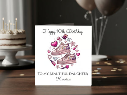 Personalised Birthday Card for Daughter - Custom Name Girls Birthday Card - Pink Fashion Sneakers Illustration - Tween Girl Birthday Keepsake