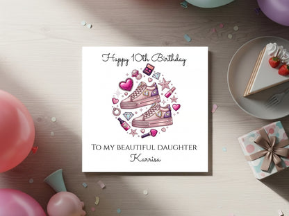 Personalised Birthday Card for Daughter - Custom Name Girls Birthday Card - Pink Fashion Sneakers Illustration - Tween Girl Birthday Keepsake