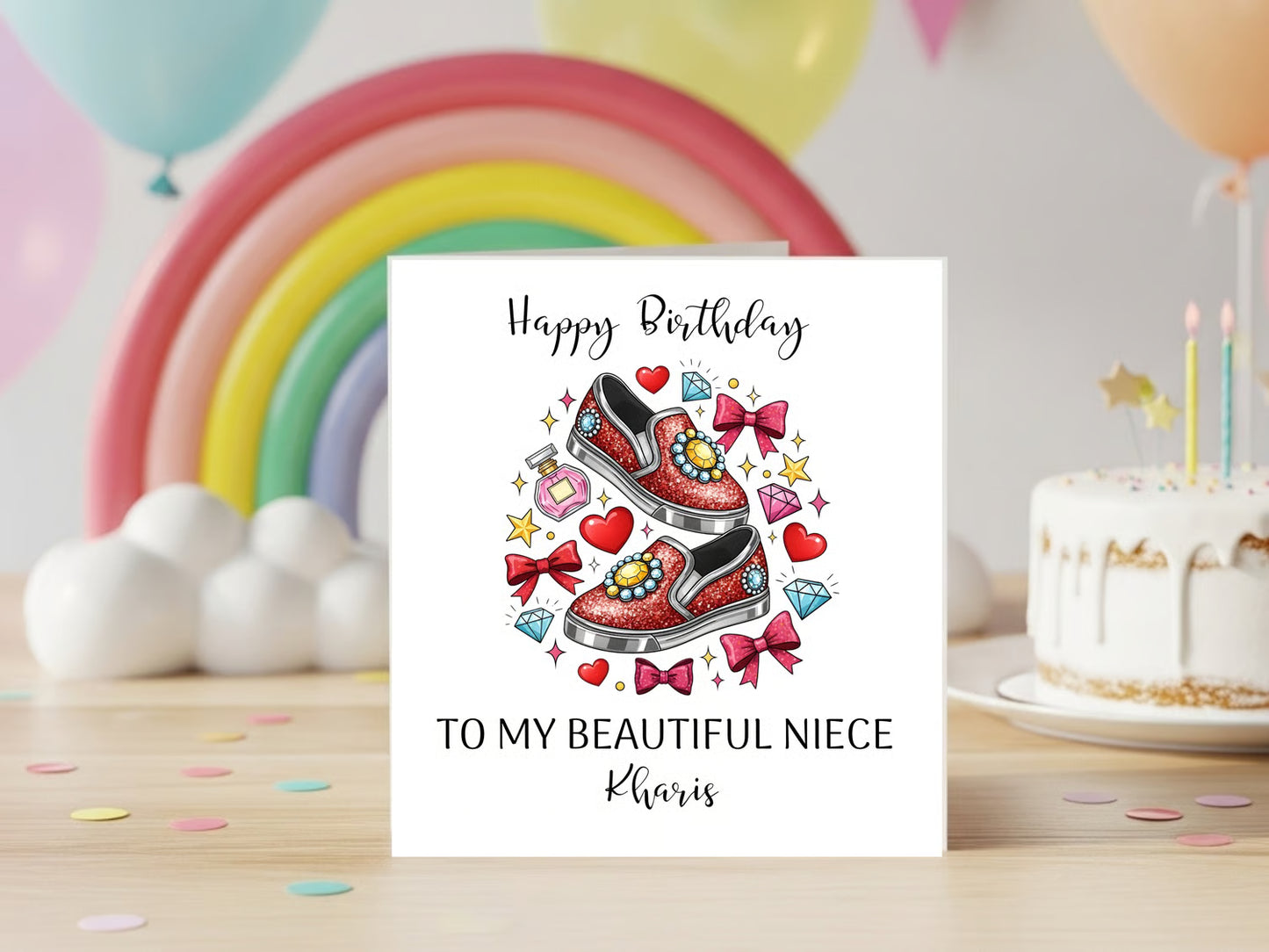 Personalised Birthday Card for Niece, Daughter, Cousin - Custom Name Girls Birthday Card with Red Sparkle Shoes - Cute Fashion Illustration Birthday Keepsake Gift