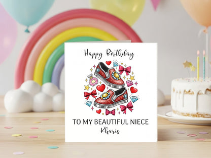 Personalised Birthday Card for Niece, Daughter, Cousin - Custom Name Girls Birthday Card with Red Sparkle Shoes - Cute Fashion Illustration Birthday Keepsake Gift