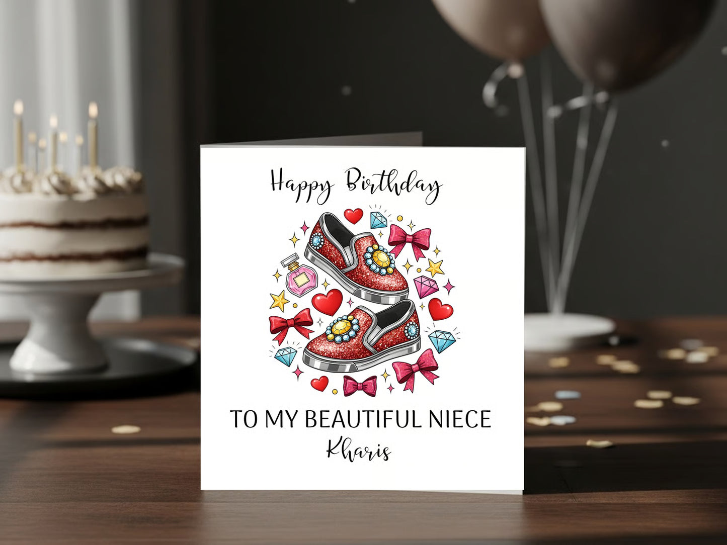Personalised Birthday Card for Niece, Daughter, Cousin - Custom Name Girls Birthday Card with Red Sparkle Shoes - Cute Fashion Illustration Birthday Keepsake Gift