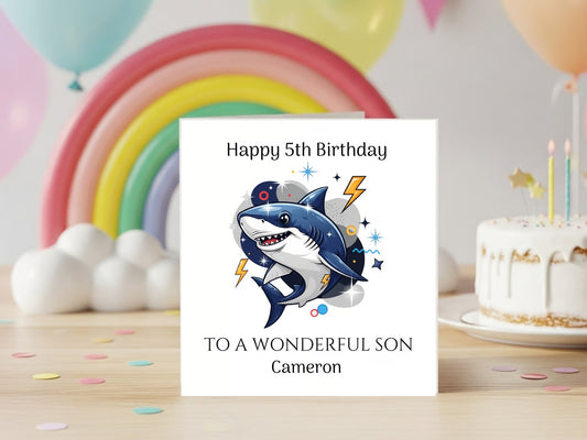 Personalised Birthday Card for Son - Custom Name Shark Birthday Card for Boys - Cute Shark Illustration Kids Birthday Card Keepsake Gift