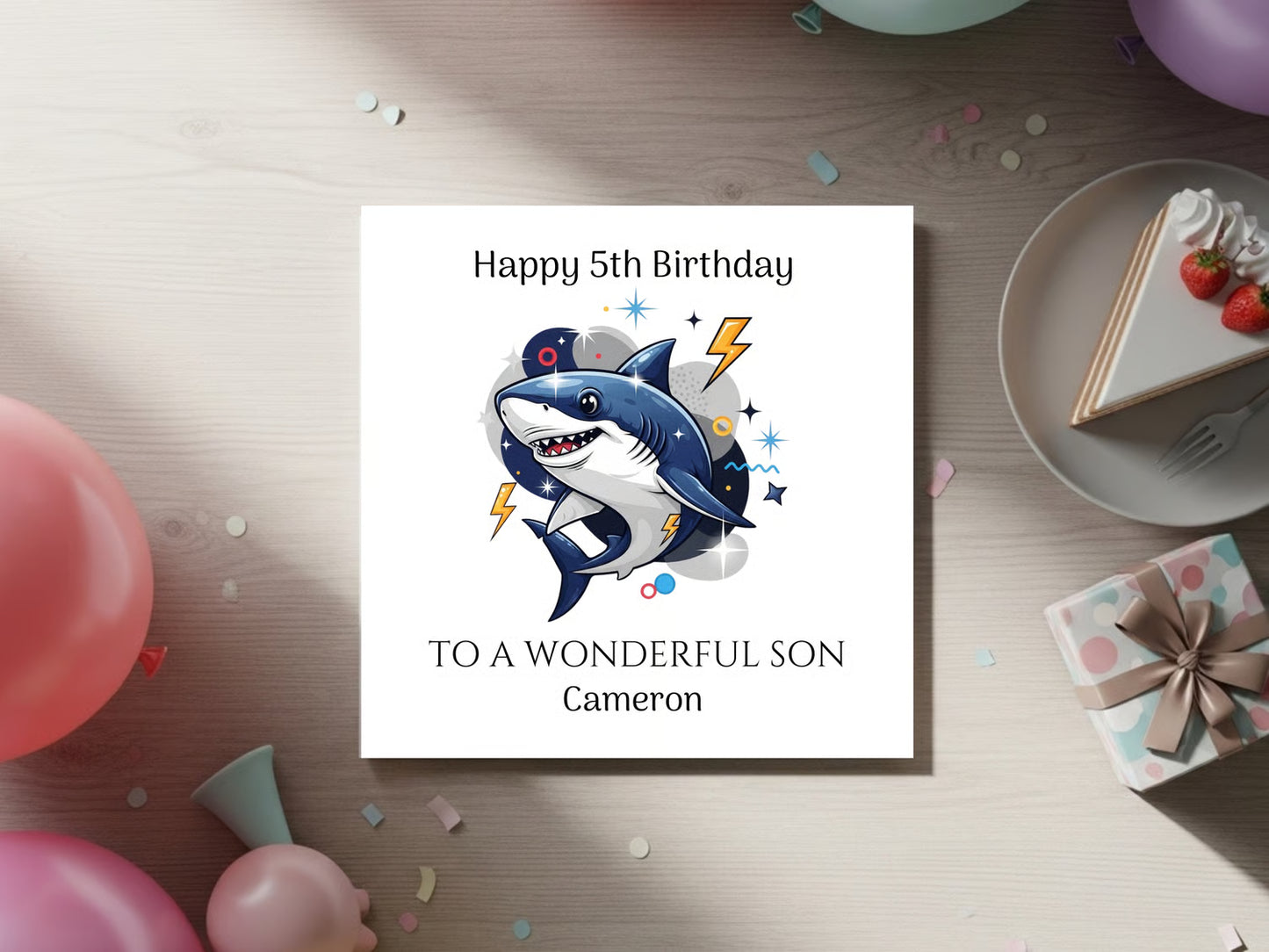Personalised Birthday Card for Son - Custom Name Shark Birthday Card for Boys - Cute Shark Illustration Kids Birthday Card Keepsake Gift