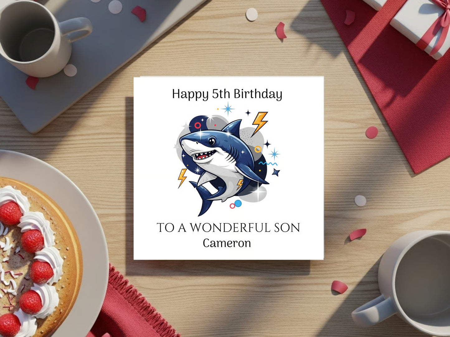 Personalised Birthday Card for Son - Custom Name Shark Birthday Card for Boys - Cute Shark Illustration Kids Birthday Card Keepsake Gift