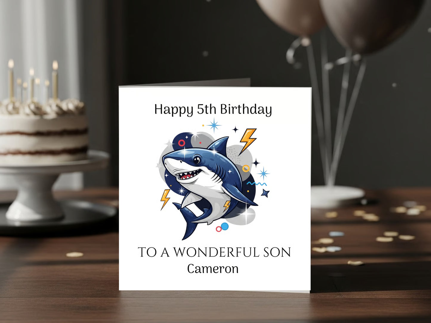 Personalised Birthday Card for Son - Custom Name Shark Birthday Card for Boys - Cute Shark Illustration Kids Birthday Card Keepsake Gift