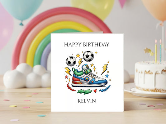 Personalised Birthday Card for Boys - Custom Name - Football and Trainer Design Birthday Card - Sports Shoe Illustration Kids Birthday Keepsake