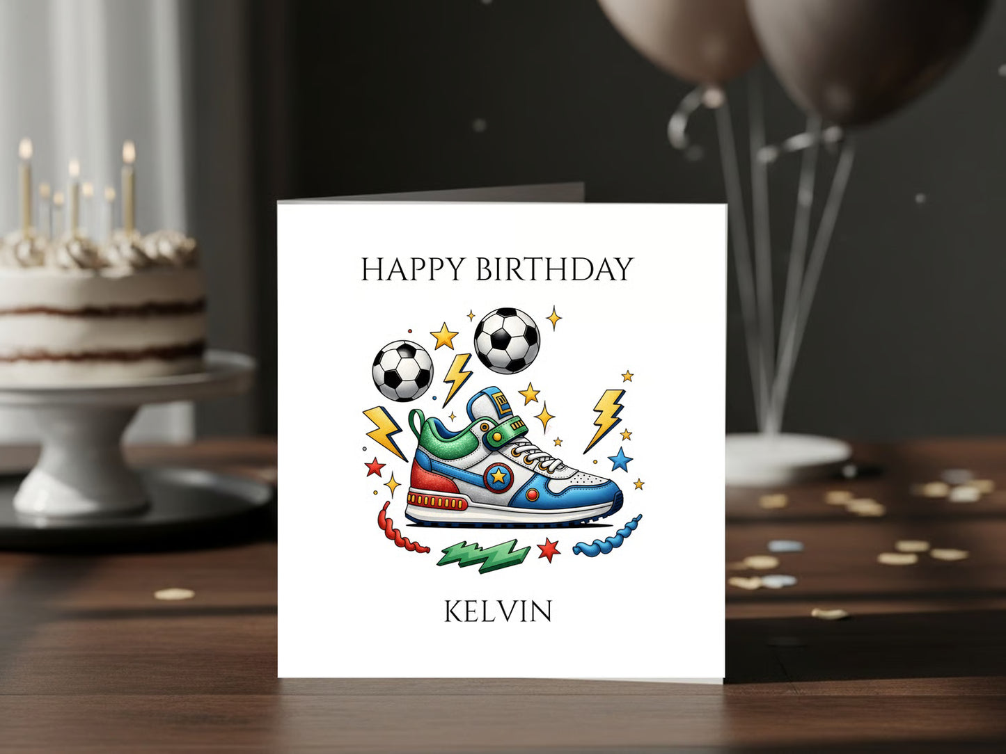 Personalised Birthday Card for Boys - Custom Name - Football and Trainer Design Birthday Card - Sports Shoe Illustration Kids Birthday Keepsake