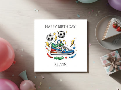 Personalised Birthday Card for Boys - Custom Name - Football and Trainer Design Birthday Card - Sports Shoe Illustration Kids Birthday Keepsake