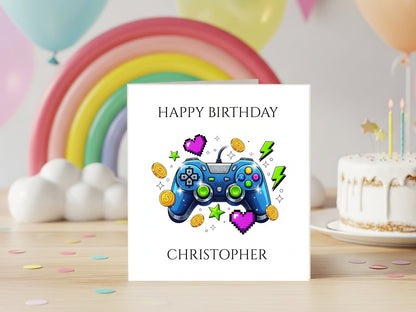 Personalised Gamer Birthday Card for Boys - Custom Name - Video Game Controller Design - Custom Gaming Birthday Card for Kids and Teens