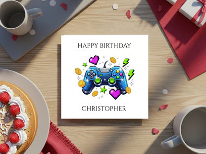 Personalised Gamer Birthday Card for Boys - Custom Name - Video Game Controller Design - Custom Gaming Birthday Card for Kids and Teens