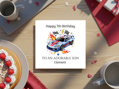 Racing Car Birthday Card for Boys - Colourful Sports Car Design with Flames & Chequered Flags - Birthday Card for Car Lovers Kids