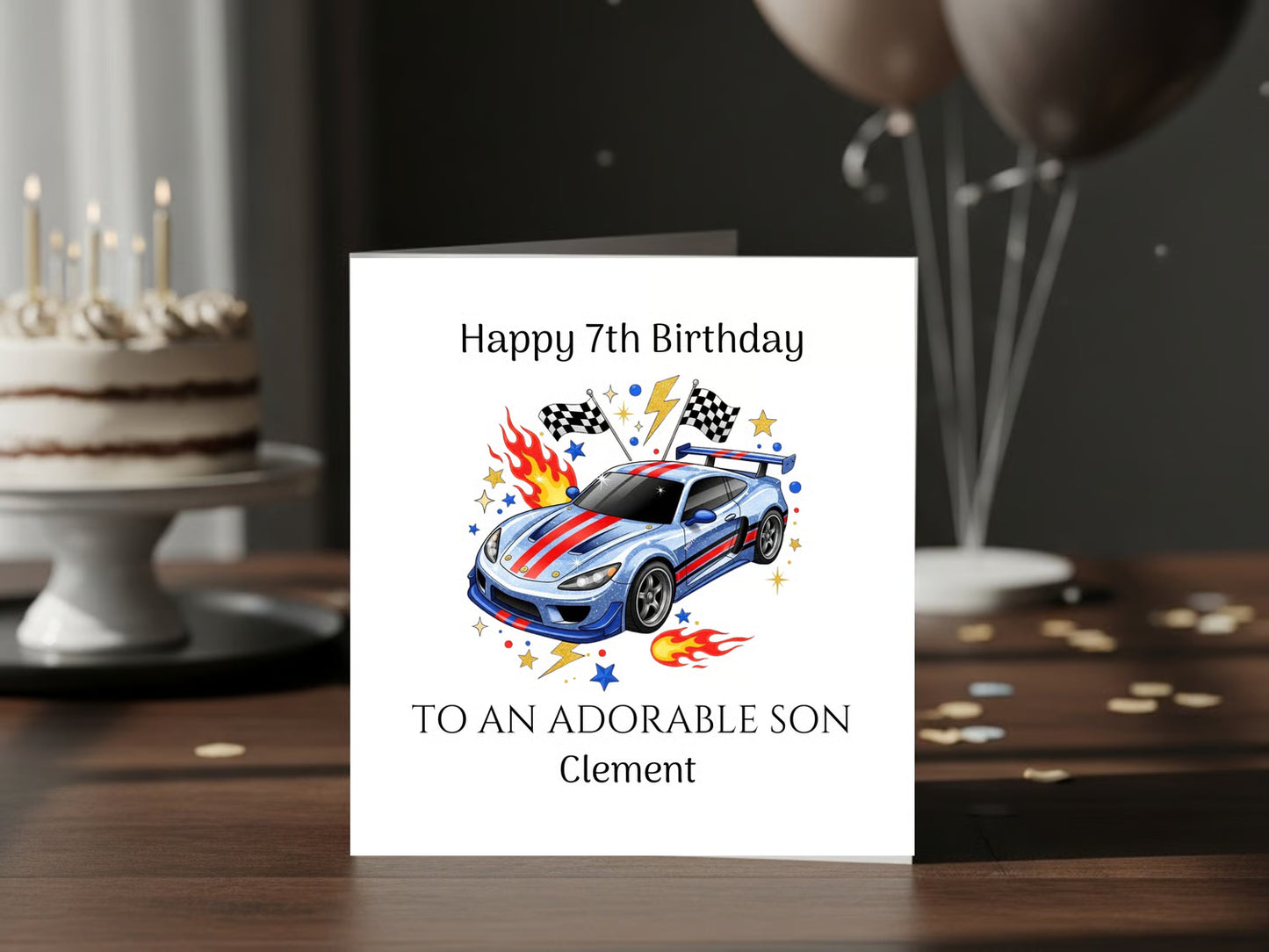 Racing Car Birthday Card for Boys - Colourful Sports Car Design with Flames & Chequered Flags - Birthday Card for Car Lovers Kids