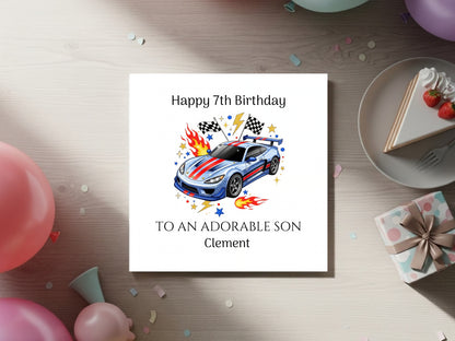 Racing Car Birthday Card for Boys - Colourful Sports Car Design with Flames & Chequered Flags - Birthday Card for Car Lovers Kids