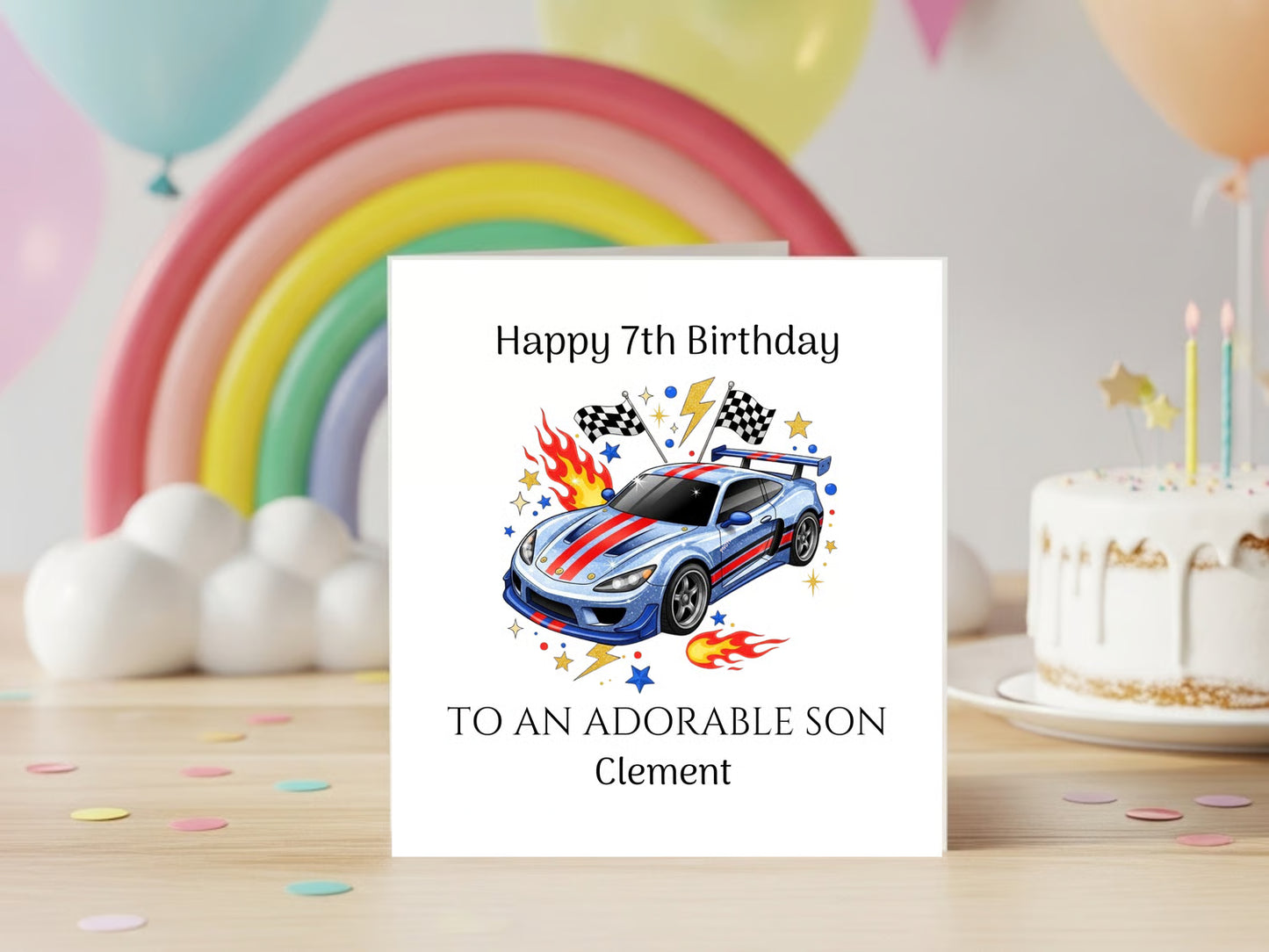 Racing Car Birthday Card for Boys - Colourful Sports Car Design with Flames & Chequered Flags - Birthday Card for Car Lovers Kids
