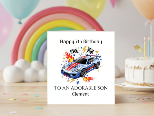 Racing Car Birthday Card for Boys - Colourful Sports Car Design with Flames & Chequered Flags - Birthday Card for Car Lovers Kids