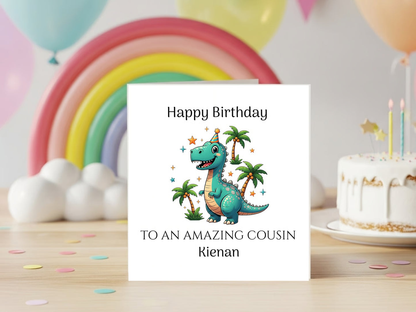 Happy Birthday Dinosaur Card for Cousin - Cute T Rex Birthday Greeting Card for Kids - Personalised Name Birthday Card - Fun Dino Party Card