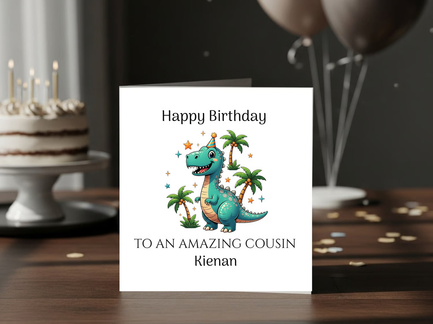 Happy Birthday Dinosaur Card for Cousin - Cute T Rex Birthday Greeting Card for Kids - Personalised Name Birthday Card - Fun Dino Party Card