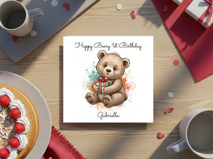 Personalised Teddy Bear Birthday Card for Baby Girl - Cute Watercolor Bear with Gift - Custom Name - First Birthday Greeting Card Keepsake