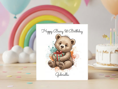 Personalised Teddy Bear Birthday Card for Baby Girl - Cute Watercolor Bear with Gift - Custom Name - First Birthday Greeting Card Keepsake