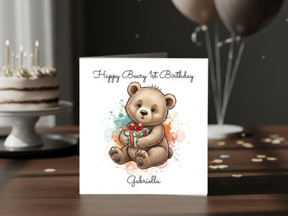 Personalised Teddy Bear Birthday Card for Baby Girl - Cute Watercolor Bear with Gift - Custom Name - First Birthday Greeting Card Keepsake
