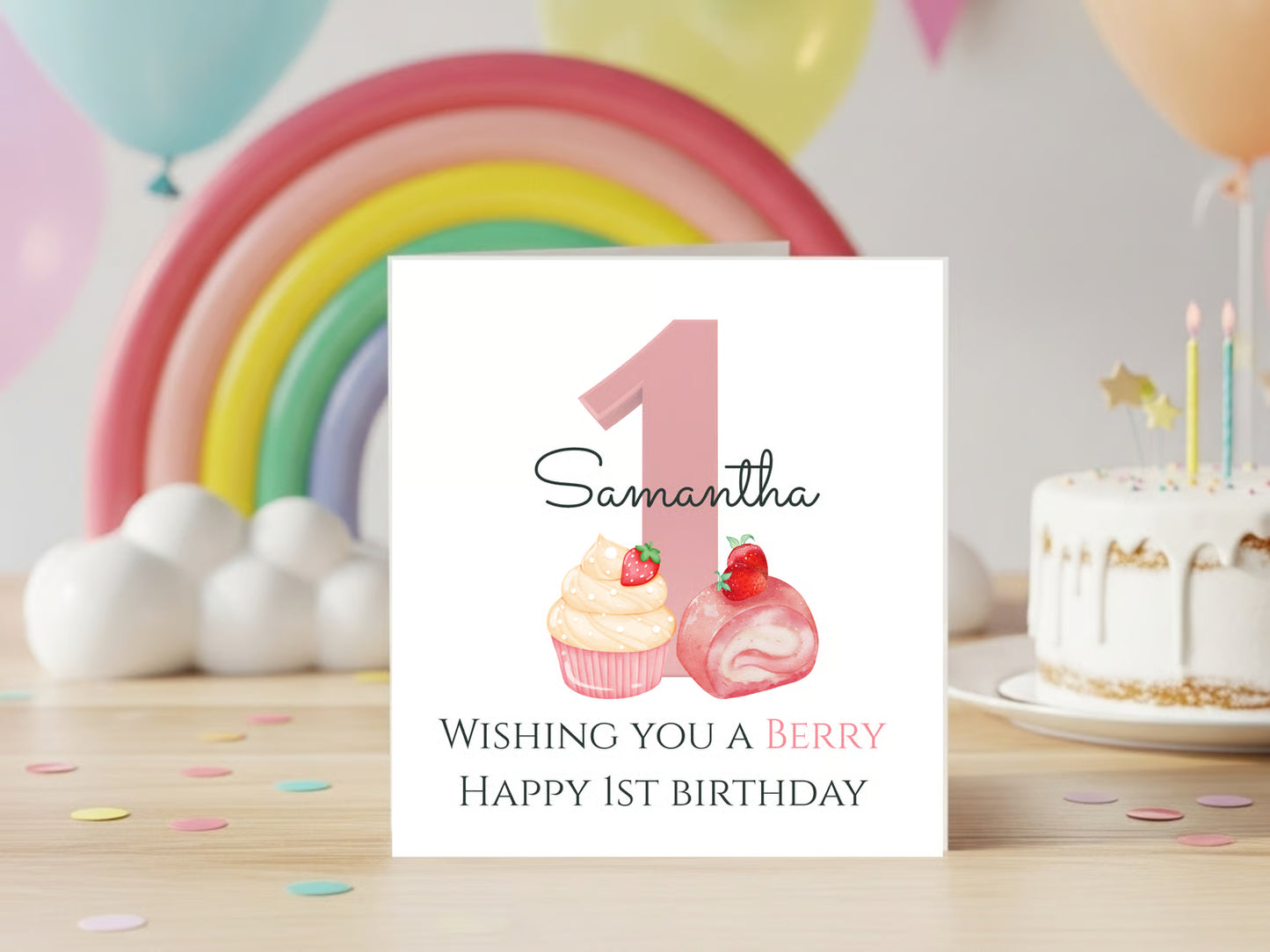 Personalised Berry 1st Birthday Card for Baby Girl - Strawberry Theme First Birthday Card - Custom Name - Cute Pink One Birthday Keepsake