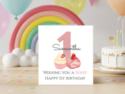Personalised Berry 1st Birthday Card for Baby Girl - Strawberry Theme First Birthday Card - Custom Name - Cute Pink One Birthday Keepsake