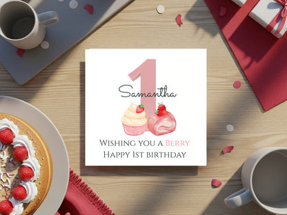 Personalised Berry 1st Birthday Card for Baby Girl - Strawberry Theme First Birthday Card - Custom Name - Cute Pink One Birthday Keepsake