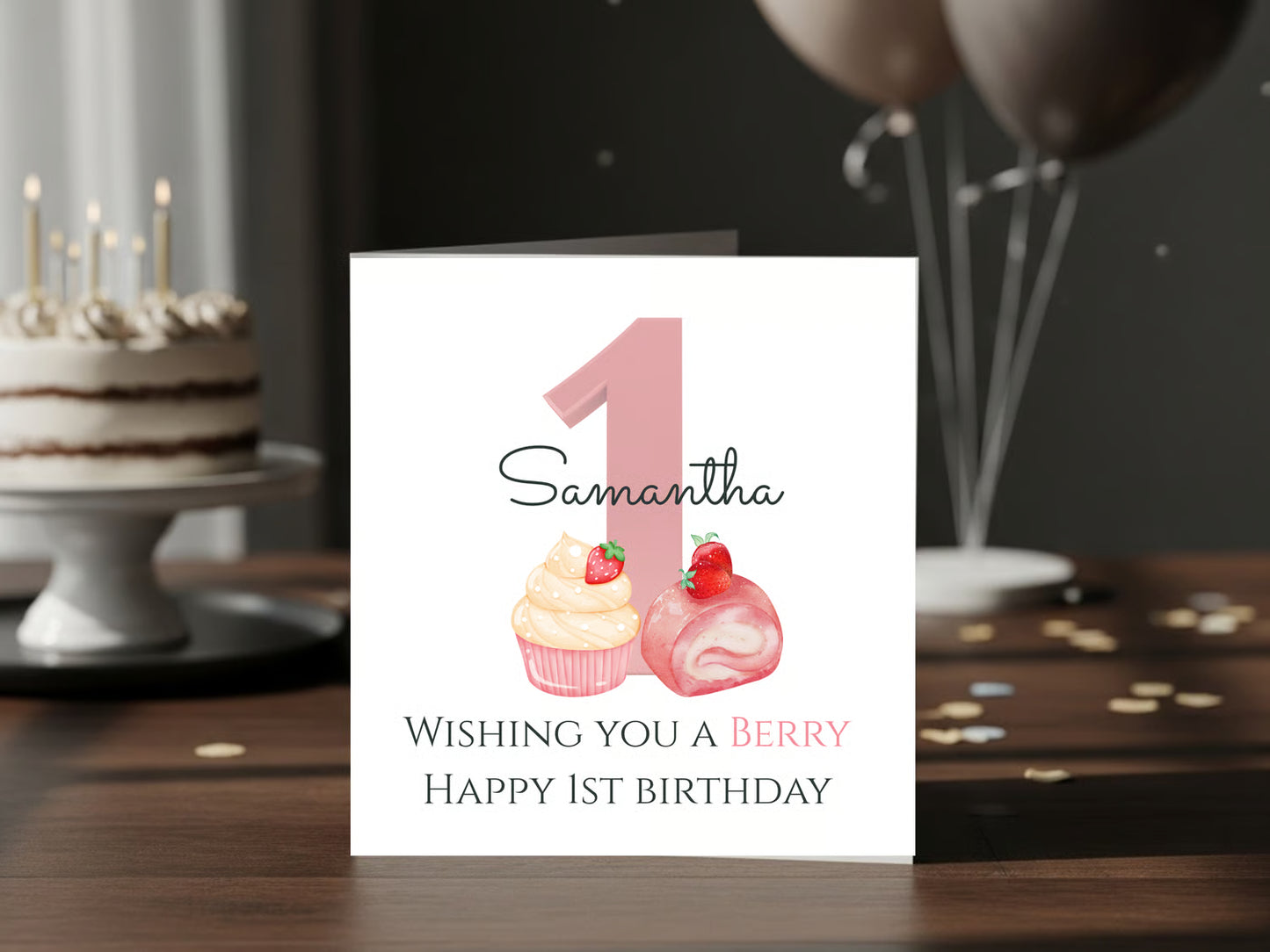 Personalised Berry 1st Birthday Card for Baby Girl - Strawberry Theme First Birthday Card - Custom Name - Cute Pink One Birthday Keepsake