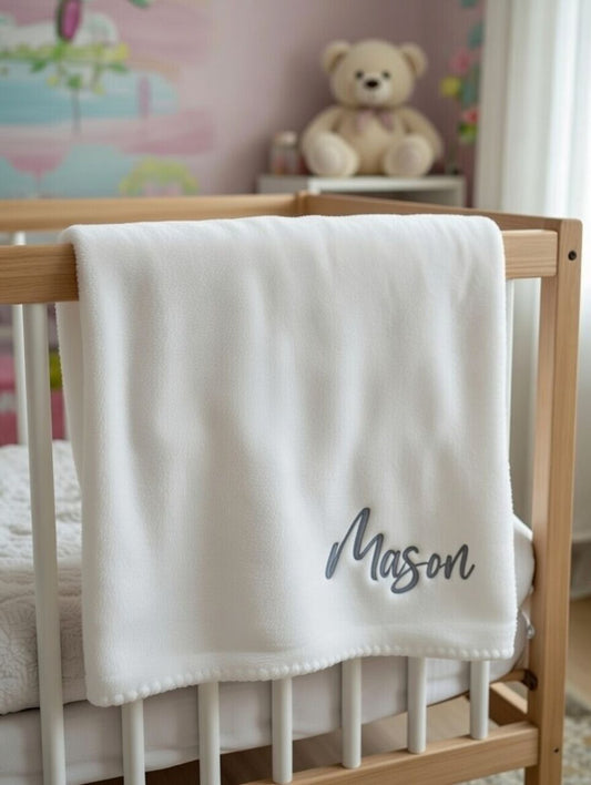 Personalised Baby Blanket with Embroidered Name – Soft Minky or Cotton Fleece Custom Newborn Keepsake Blanket (46 x 28 cm)