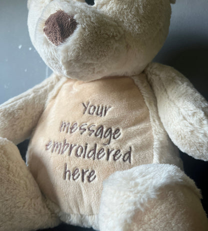 Personalised Embroidered Teddy Bear with Custom Message, Plush Keepsake Gift for Baby Shower, Newborn, Birthday or Romantic Surprise