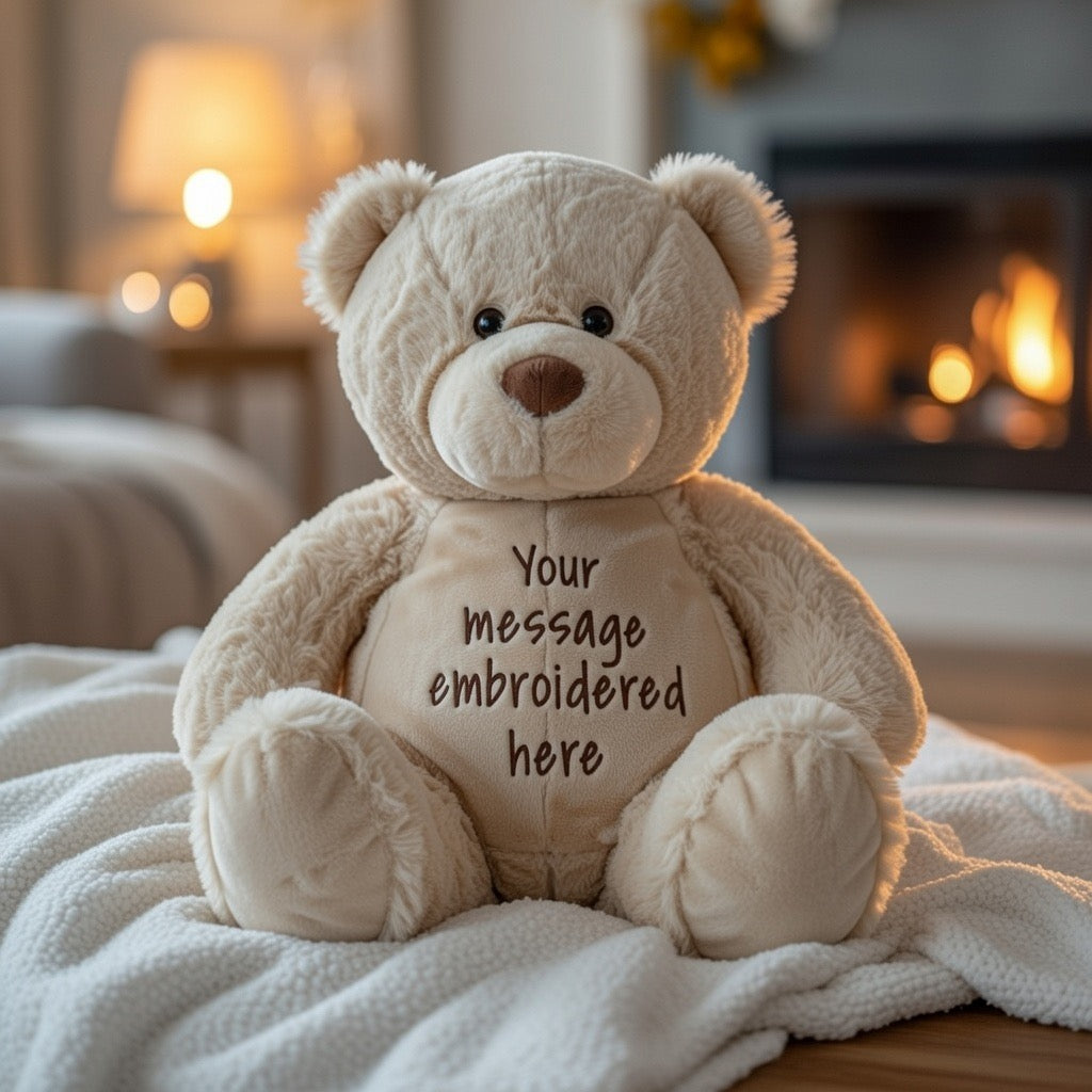Personalised Embroidered Teddy Bear with Custom Message, Plush Keepsake Gift for Baby Shower, Newborn, Birthday or Romantic Surprise